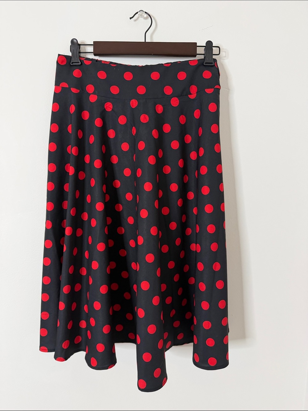 Red Polka Dot Midi Skirt in Black - Flared Silhouette • Size M •
